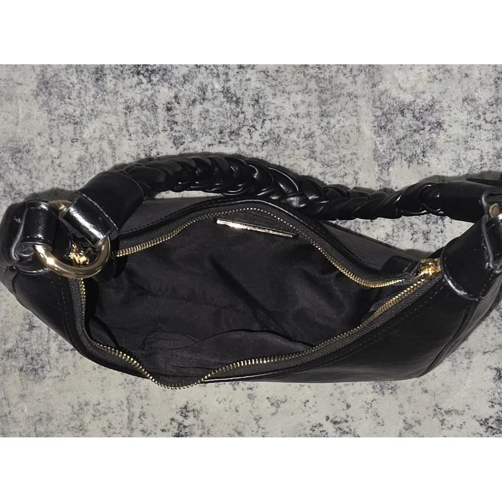 Antik Kraft Black Vegan Leather Crescent Hobo Bag Braided‎ Strap Gold Hardware